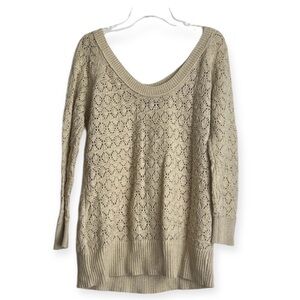 American Eagle Sweater Cream Pointelle Knit Metallic Accent Scoop Neck Large